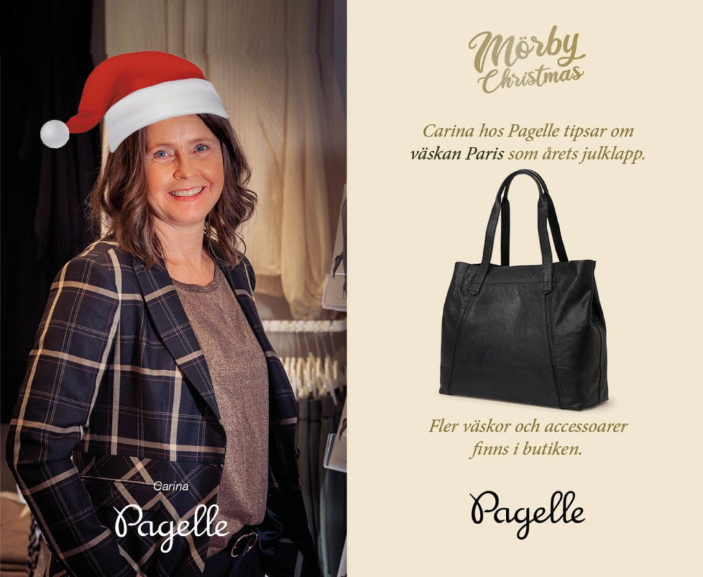 Carina hos Pagelle julklappstipsar om den populära accessoaren väskan Paris. Den och många väskor till hittar du i den nyrenoverade butiken på plan 4. Rim: Nu alla saker samlats har, inget på byrån ligger kvar, nycklar, läppstift och betalkort, hittar du nu lätt och fort.